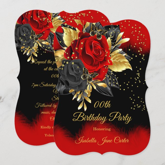 Birthday Party Butterfly Red Rose Floral Gold Invitation (Front/Back)