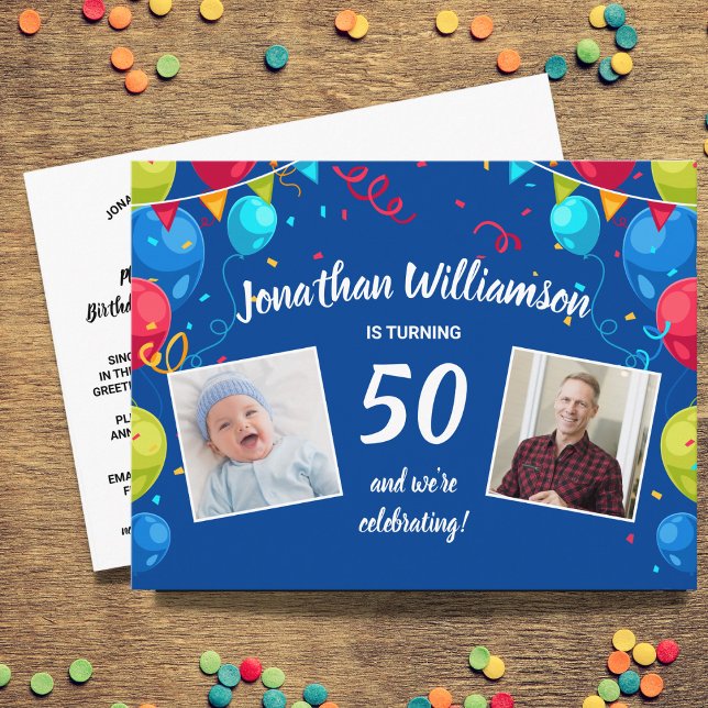 Birthday Party By Mail, 2 Photo, Any Age, Balloons Postcard (Creator Uploaded)