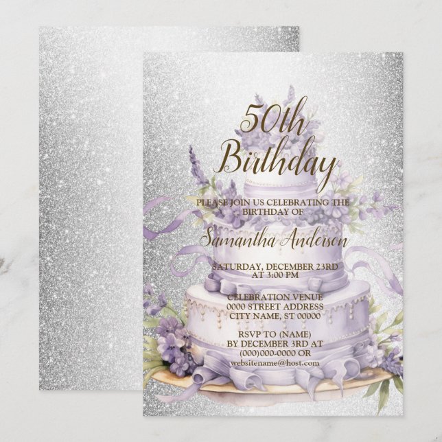 Birthday Party Cake Lavender Floral Watercolor Invitation (Front/Back)