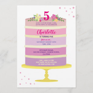 Birthday Party Cake Pink Invite Any Age 3 4 5 6 7
