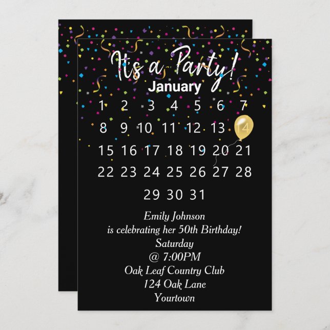 Birthday Party Calendar with Confetti Invitation (Front/Back)