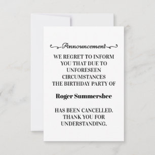 Birthday Party Cancellation Announcement Cards