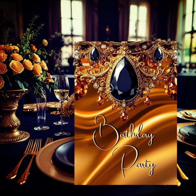 Birthday Party Caramel Gold Silk Black Blue gem Invitation (Creator Uploaded)