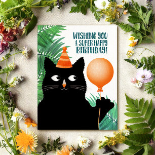 Birthday party card with black cat and balloon