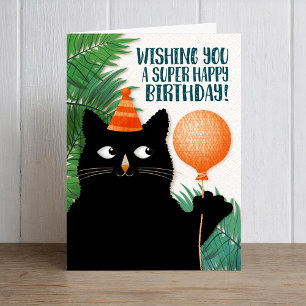 Birthday party cat and balloon with custom text ca card