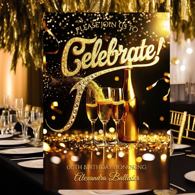 Birthday Party Celebrate Champagne Streamers Gold Invitation (Creator Uploaded)