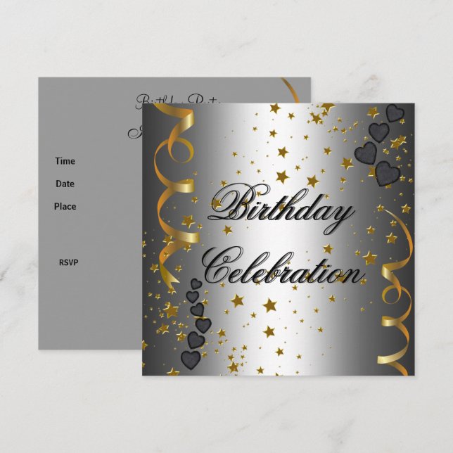 Birthday Party Celebration Silver Black Gold Stars Invitation (Front/Back)