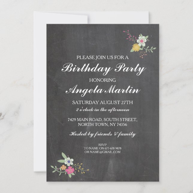 Birthday Party Chalkboard Floral Flowers Invite 40 (Front)