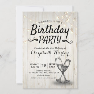 Birthday Party Champagne Glass Wood String Lights Invitation