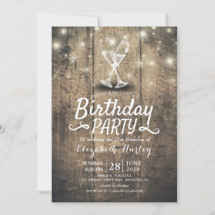Birthday Party Champagne Glass Wood String Lights Invitation