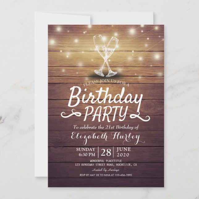 Birthday Party Champagne Glass Wood String Lights Invitation (Front)