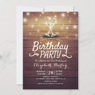 Birthday Party Champagne Glass Wood String Lights Invitation