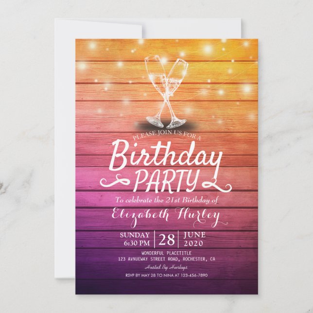 Birthday Party Champagne Glass Wood String Lights Invitation (Front)