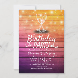 Birthday Party Champagne Glass Wood String Lights Invitation