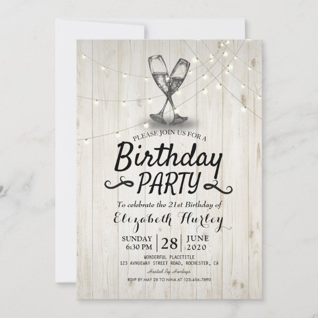 Birthday Party Champagne Glass Wood String Lights Invitation (Front)