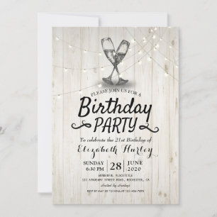 Birthday Party Champagne Glass Wood String Lights Invitation