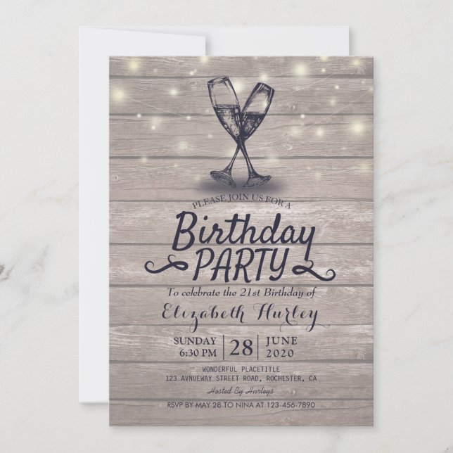 Birthday Party Champagne Glass Wood String Lights Invitation (Front)