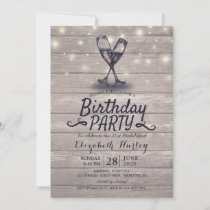 Birthday Party Champagne Glass Wood String Lights Invitation