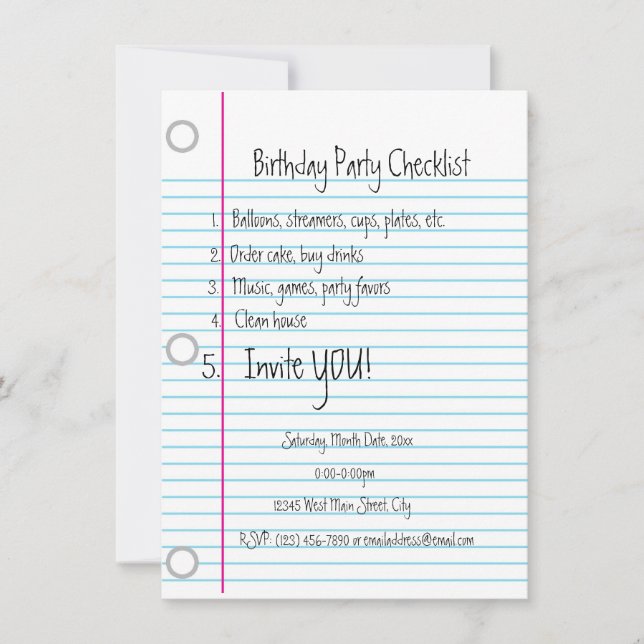 Birthday Party Checklist Invitation (Front)