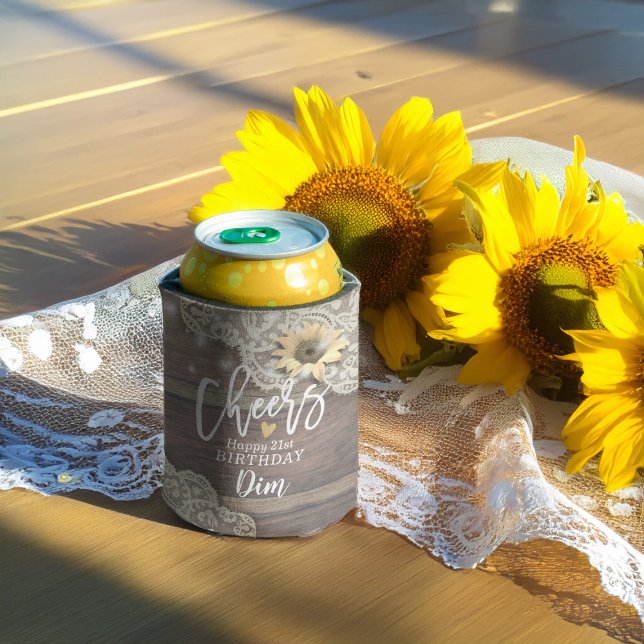 Birthday Party Cheers Wood Lace Sunflowers Lights Can Cooler (Creator Uploaded)