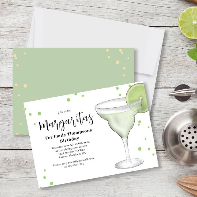Birthday Party Chic Adult Margarita Cool Drinks  Invitation (birthday party invitation with a fun watercolor margarita with a lime.)