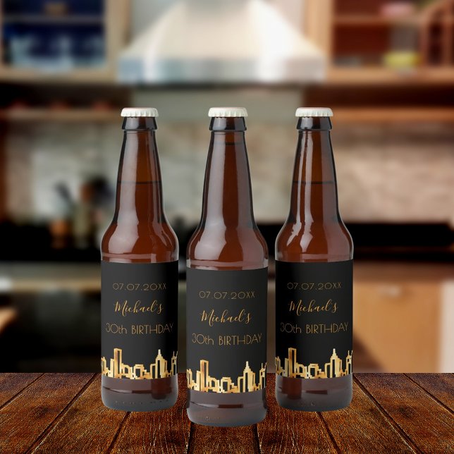 Birthday party city skyline black gold modern guys beer bottle label (Creator Uploaded)