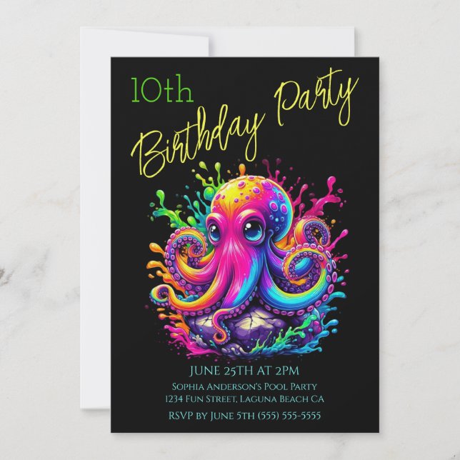 Birthday Party- Colourful Octopus Splash Invitation (Front)