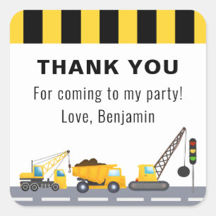 Birthday Party Construction Truck Thank You Square Sticker