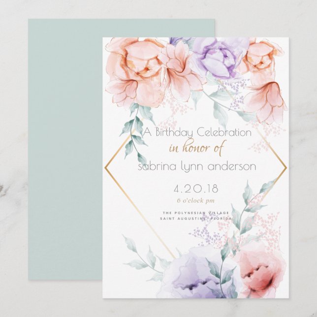 Birthday Party | Coral and Lilac Aquarelle Floral Invitation (Front/Back)