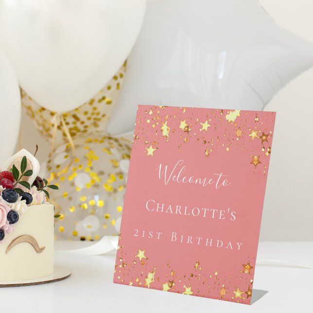 Birthday party coral gold stars welcome pedestal sign (Creator Uploaded)