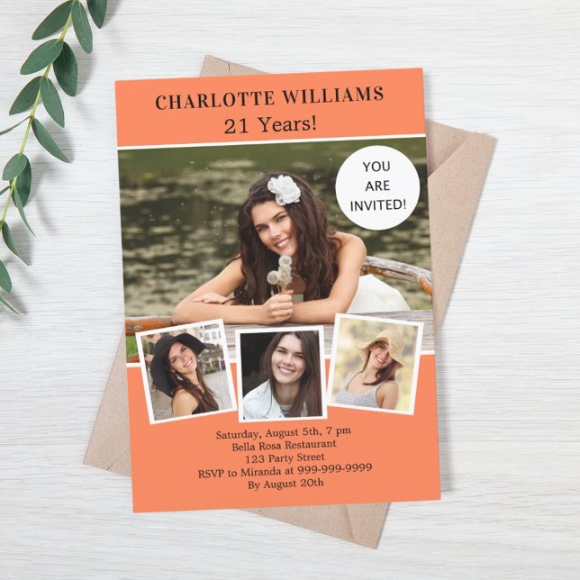 Birthday party coral photo collage luxury invitation (Creator Uploaded)
