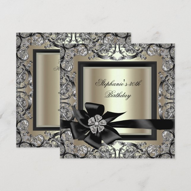 Birthday Party Cream Mint Gold Silver Black Bow 2 Invitation (Front/Back)