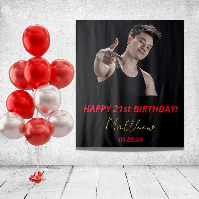 Birthday party custom photo black red gold tapestry (Creator Uploaded)