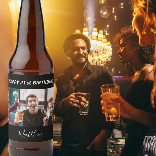 Birthday party custom photo black white modern guy beer bottle label