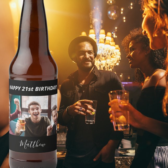 Birthday party custom photo black white modern guy beer bottle label (Creator Uploaded)