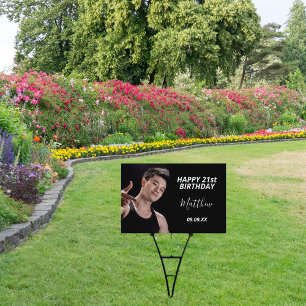 Birthday party custom photo black white modern guy garden sign