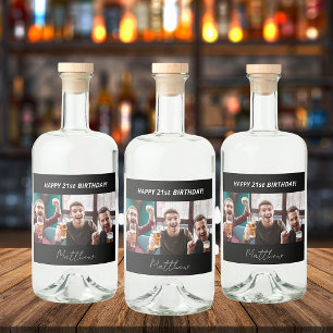 Birthday party custom photo black white modern guy liquor bottle label