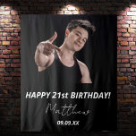 Birthday party custom photo black white modern guy tapestry<br><div class="desc">A tapestry for a 21st (or any age) birthday party for guys. An elegant modern black background. Personalise and add your own high quality photo of the birthday boy/man. The text: The name is white with a modern hand lettered style script. Templates for a name, age 21 and a date....</div>