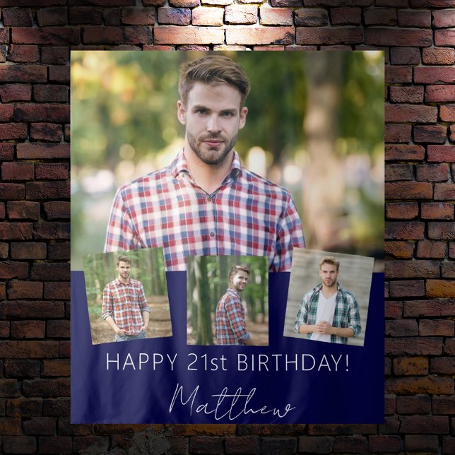 Birthday party custom photo collage navy blue tapestry (Creator Uploaded)