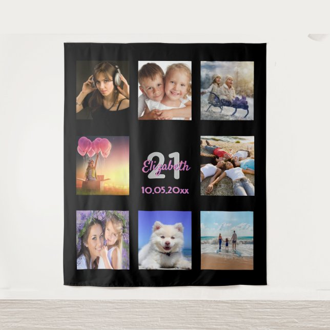 Birthday party custom photo collage pink black tapestry (Front)