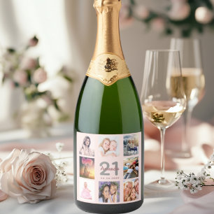 Birthday party custom photo collage rose gold pink sparkling wine label