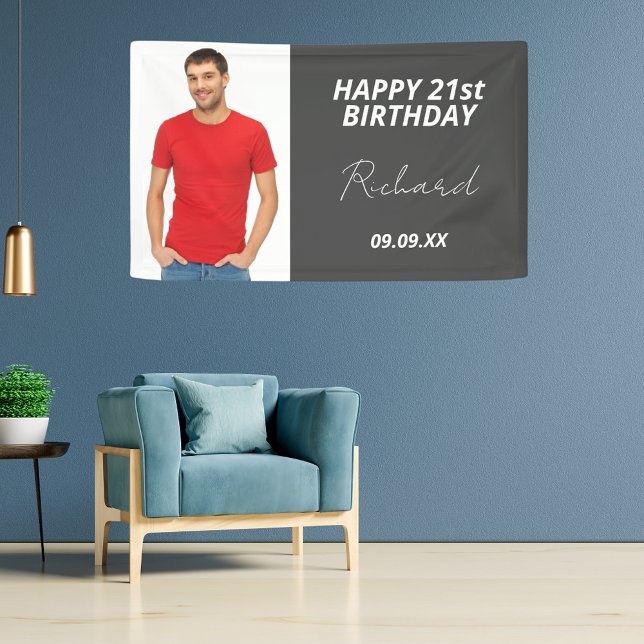 Birthday party custom photo grey modern guy banner (Creator Uploaded)