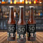 Birthday party custom photo monogram guy beer bottle label<br><div class="desc">For a 50th birthday party. A collage of 3 of your photos of himself friends,  family,  interest or pets.  Personalise and add his name,  age 50 and a date.  Date of birth or the date of the birthday party.  Grey and white coloured text. Black background.</div>