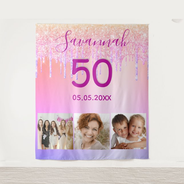 Birthday party custom photo pink gold glitter drip tapestry (Front)