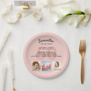 Birthday party custom photo rose gold fun facts paper plate