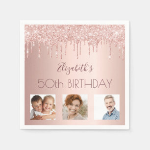 Birthday party custom photo rose gold glitter pink napkin
