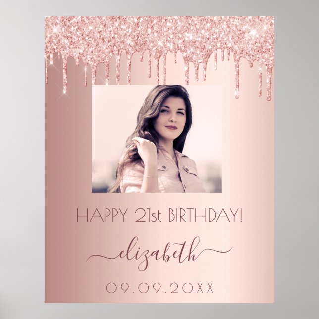 Birthday party custom photo rose gold glitter pink poster (Front)