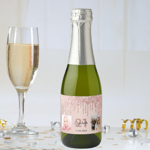 Birthday party custom photo rose gold glitter pink sparkling wine label