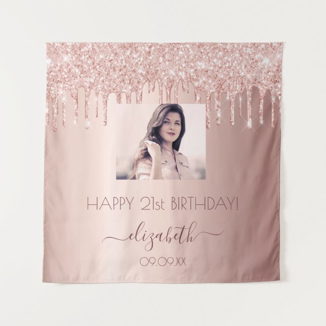 Birthday party custom photo rose gold glitter pink tapestry (Front)