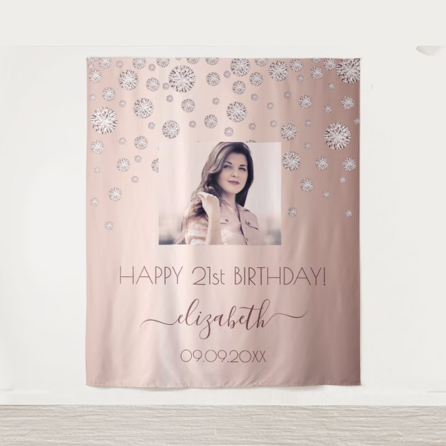 Birthday party custom photo rose gold pink diamond tapestry (Front)
